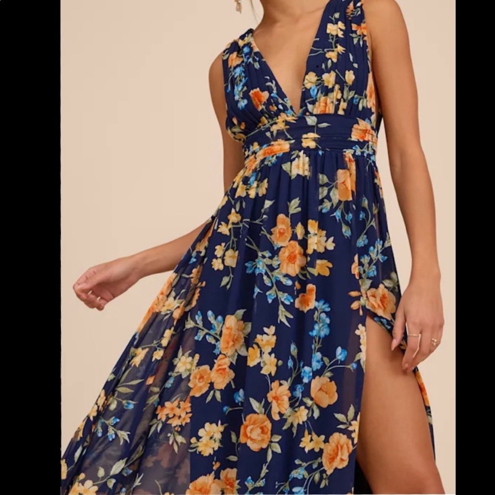 Lulus Heavenly Hues Dark Blue Floral Maxi Dress (L)